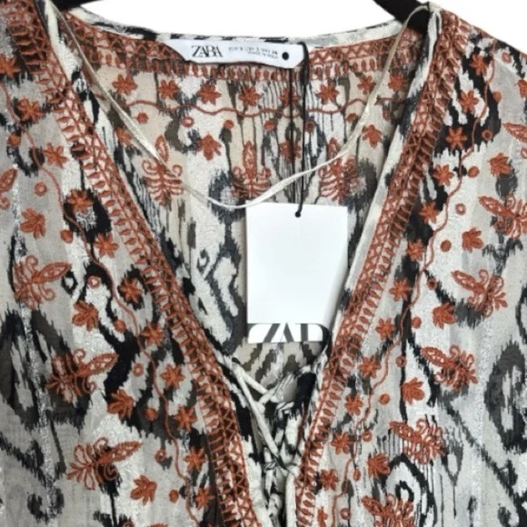 Zara Embroidered Ikat Print Midi Caftan Dress Small NWT